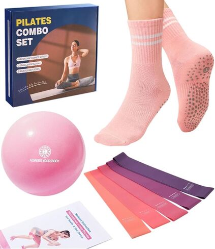 Pilates Ball Resistance Bands Grip Socks Barre Sets, Loop Exercise Bands 5 Levels, Small Yoga Ball 9 Inch, Non Slip Socks Workout Kit at Home in Kuwait