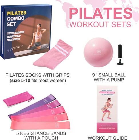 Pilates Ball Resistance Bands Grip Socks Barre Sets, Loop Exercise Bands 5 Levels, Small Yoga Ball 9 Inch, Non Slip Socks Workout Kit at Home in Kuwait