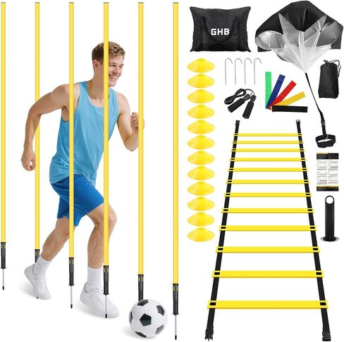 GHB Soccer Agility Training Equipment, 6 Agility Poles, 20ft Speed Ladder, 12 Disc Cones, Resistance Parachute, Jump Rope, 5 Resistance Bands, Soccer Training Poles for Speed Agility Training in Saudi Arabia
