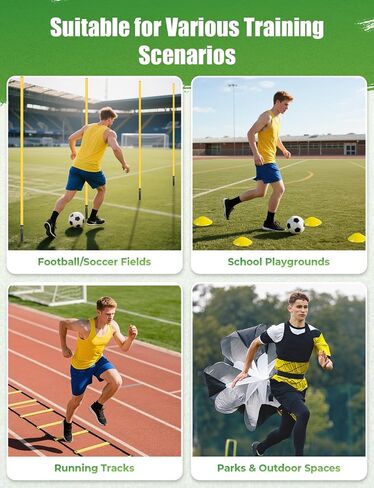 GHB Soccer Agility Training Equipment, 6 Agility Poles, 20ft Speed Ladder, 12 Disc Cones, Resistance Parachute, Jump Rope, 5 Resistance Bands, Soccer Training Poles for Speed Agility Training in Saudi Arabia