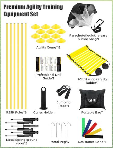 GHB Soccer Agility Training Equipment, 6 Agility Poles, 20ft Speed Ladder, 12 Disc Cones, Resistance Parachute, Jump Rope, 5 Resistance Bands, Soccer Training Poles for Speed Agility Training in Saudi Arabia