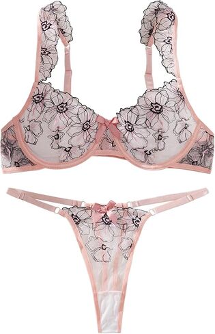 Lilosy Women Sexy Floral Asserized Mesh Leather Underwire Set Up Lingerie Set in Saudi Arabia