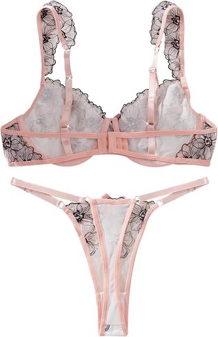 Lilosy Women Sexy Floral Asserized Mesh Leather Underwire Set Up Lingerie Set in Saudi Arabia