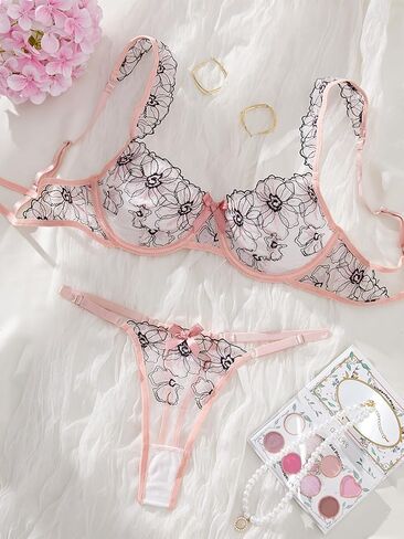 Lilosy Women Sexy Floral Asserized Mesh Leather Underwire Set Up Lingerie Set in Saudi Arabia