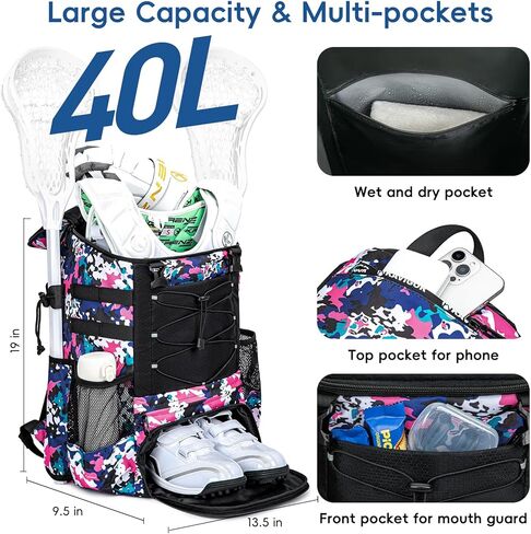 Lacrosse Bag for Kids and Youth, Lacrosse Backpack with Helmet Holder and Shoes Compartment, Waterproof Field Hockey Gears Bag for Boys & Girls in Kuwait