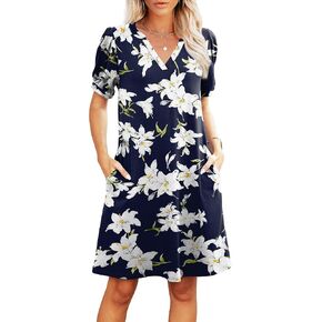 V-Neck Summer Casual Sundress for Women- Puff Short Sleeve Swing Beach Dress with Pockets in Saudi Arabia