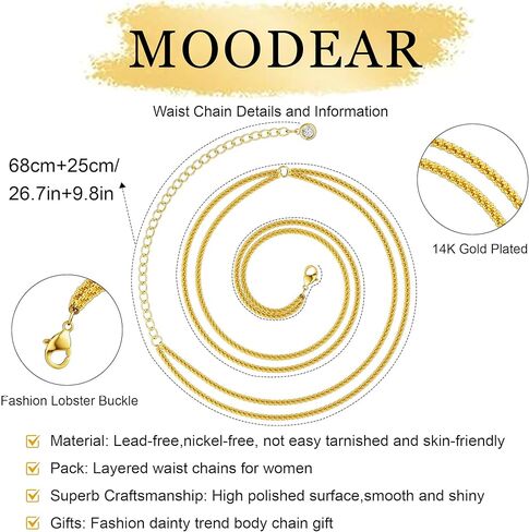 MOODEAR 2PCS Waist Chain for Women - Waterproof 14K Gold Plated Layered Belly Beads Chains with Drop Cubic Zirconia Body Chain Jewelry Sexy Bikini Belt Gift for Summer Beach in Kuwait