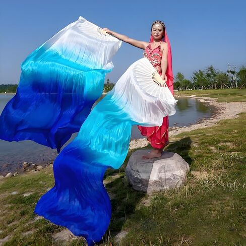 KIKIGOAL 1 Pair Women Faux Silk Belly Dance Fan Veil,Handmade Silk Dance Fan,Bamboo Long Fans Veils For Dance Performances in Kuwait