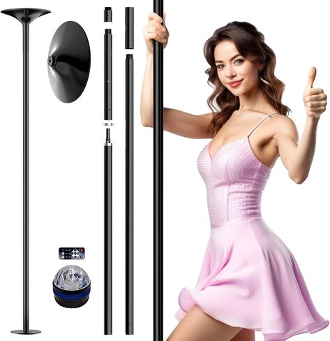 PYY Dance Pole for Home - Adjustable & Portable Dancing Pole for Gym Studio Pub, Chrome Finish, Spinning & Static Modes, No Drilling Required, Remote LED Lights, Fits 88"-108" Ceilings, 45mm, Black in Saudi Arabia