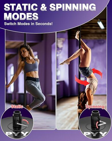 PYY Dance Pole for Home - Adjustable & Portable Dancing Pole for Gym Studio Pub, Chrome Finish, Spinning & Static Modes, No Drilling Required, Remote LED Lights, Fits 88"-108" Ceilings, 45mm, Black in Saudi Arabia