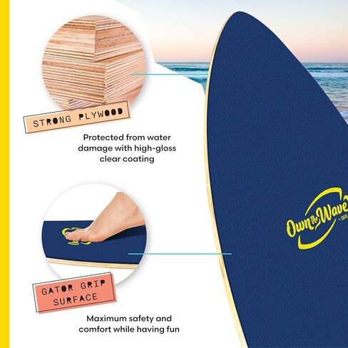 Own the Wave New Zealand ‘Hang Loose’ Skimboard with Colored EVA Grip Pad and High Gloss Clear Coat Wooden Skim Boards for Kids and Adults | Choose from 2 Sizes and Traction Pad Color in Kuwait