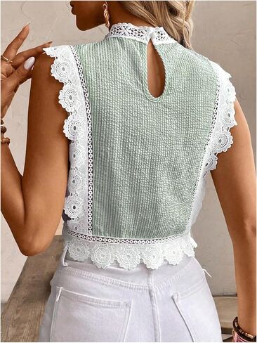 Floerns Women's Contrast Lace Mock Neck Sleeveless Blouse Textured Striped Elegant Vest Top in Saudi Arabia