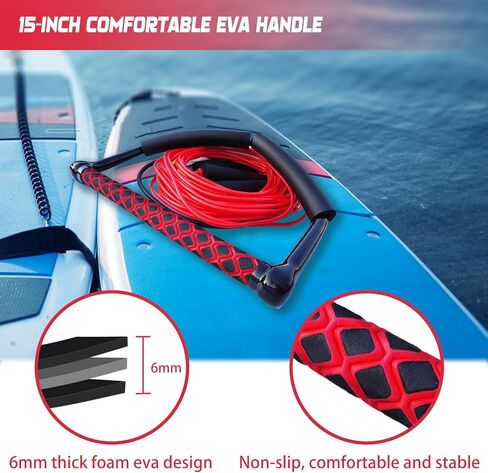 حبل ومقبض 75 قدمًا ، لا يوجد حبل سحب من Dyneema Dyneema ، 4 أقسام تطفو على حبل التزلج على الماء للاستيقاظ ، والكسل المائي ، والركبة ، و Wakesurfing in Kuwait