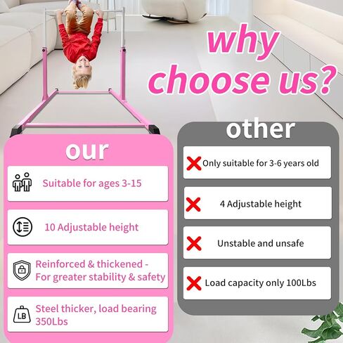 Safe Sturdy Gymnastics Bar for Kids Ages 3-18，Easy to Assemble and Release，3'-5' Adjustable Heigh，Anti-Slip，Steel Home Gym Training Bar for Junior Gymnasts，Gymnastic Equipment for Indoor Practice，All in Kuwait