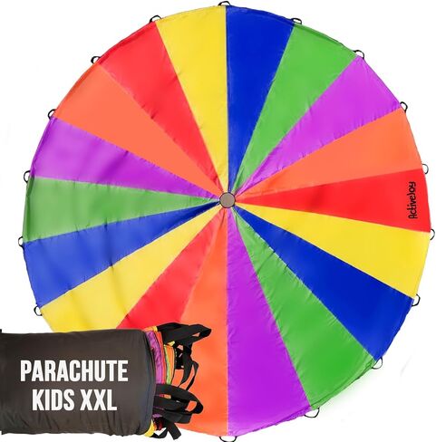 ActiveJoy - Parachute for Kids - 12ft / 20ft - Rainbow Parachute Toy مع مقابض - رائعة لفئة الصالة الرياضية واليوم الميداني والألعاب الخارجية in Kuwait