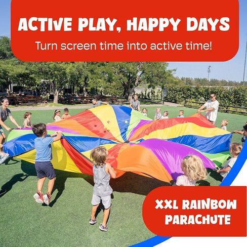 ActiveJoy - Parachute for Kids - 12ft / 20ft - Rainbow Parachute Toy مع مقابض - رائعة لفئة الصالة الرياضية واليوم الميداني والألعاب الخارجية in Kuwait