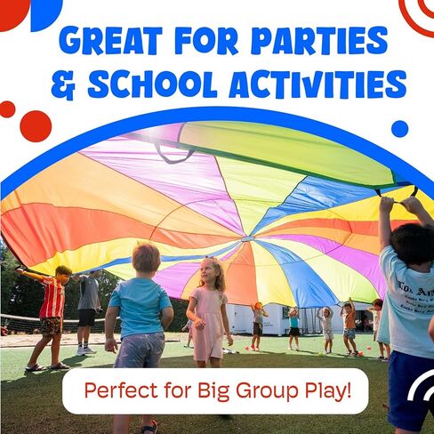 ActiveJoy - Parachute for Kids - 12ft / 20ft - Rainbow Parachute Toy مع مقابض - رائعة لفئة الصالة الرياضية واليوم الميداني والألعاب الخارجية in Kuwait