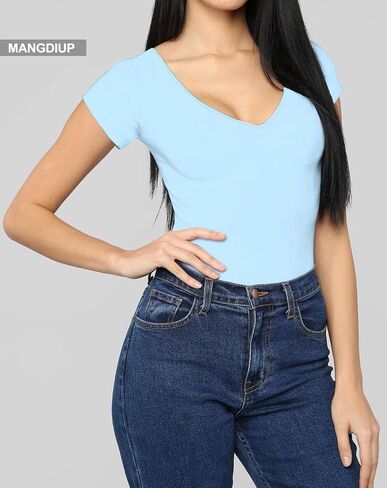 MANGDIUP bodysuit for women Short Sleeve V-Neck Casual Stretchy Basic T Shirt Bodysuit in Saudi Arabia