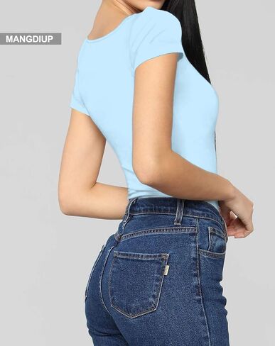 MANGDIUP bodysuit for women Short Sleeve V-Neck Casual Stretchy Basic T Shirt Bodysuit in Saudi Arabia