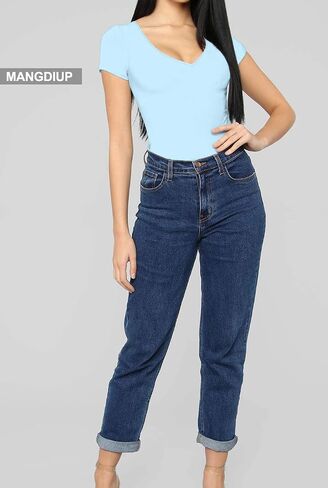 MANGDIUP bodysuit for women Short Sleeve V-Neck Casual Stretchy Basic T Shirt Bodysuit in Saudi Arabia