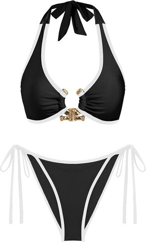 seamoly Bikini Sets for Women Metal Ring Shiny Two Piece Swimsuit Halter High Cut Tie Side Thong Bathing Suit Sexy Swimwear in Saudi Arabia