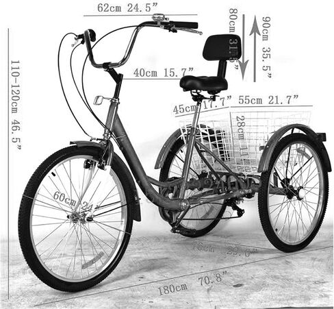 Three Wheel Bike 24in Adult Tricycle Comfort Bicycles Bike with Shopping Basket Cruise Trike 3Wheel+Seat Backrest for Recreation Shopping Picnics Exercise Men's Women's Cycling Pedalling in Kuwait