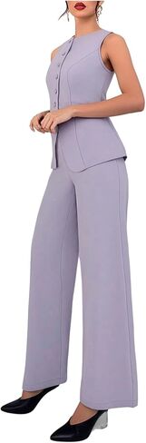SOLY HUX Women's 2 Piece Business Casual Outfit Button Down Boat Neck Sleeveless Vest and Pants Set in Saudi Arabia