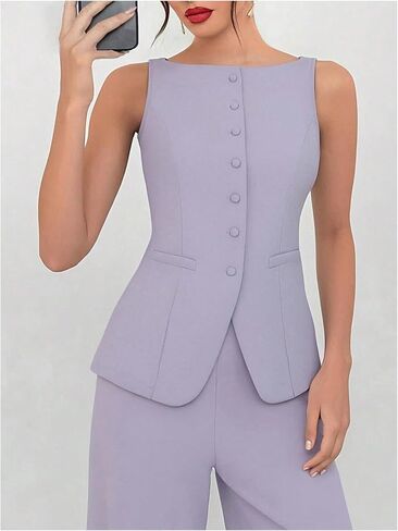 SOLY HUX Women's 2 Piece Business Casual Outfit Button Down Boat Neck Sleeveless Vest and Pants Set in Saudi Arabia