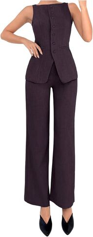 SOLY HUX Women's 2 Piece Business Casual Outfit Button Down Boat Neck Sleeveless Vest and Pants Set in Saudi Arabia