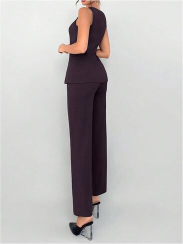 SOLY HUX Women's 2 Piece Business Casual Outfit Button Down Boat Neck Sleeveless Vest and Pants Set in Saudi Arabia