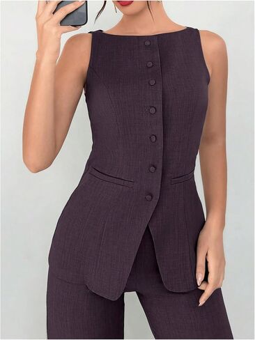 SOLY HUX Women's 2 Piece Business Casual Outfit Button Down Boat Neck Sleeveless Vest and Pants Set in Saudi Arabia