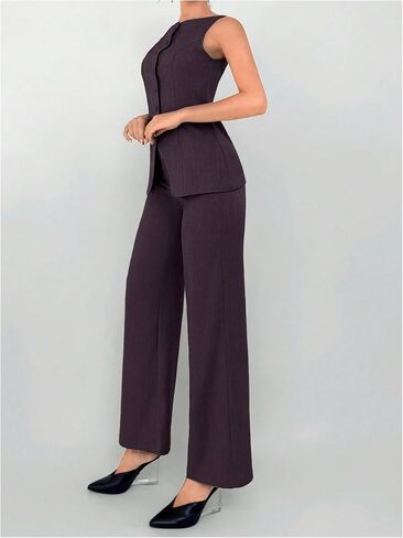 SOLY HUX Women's 2 Piece Business Casual Outfit Button Down Boat Neck Sleeveless Vest and Pants Set in Saudi Arabia