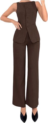 SOLY HUX Women's 2 Piece Business Casual Outfit Button Down Boat Neck Sleeveless Vest and Pants Set in Saudi Arabia