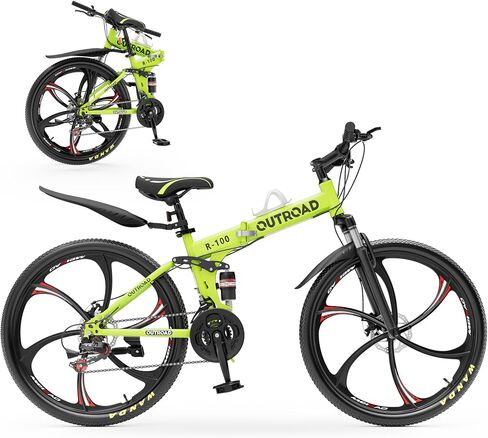 Outroad 26 Inch Folding Mountain Bike, 21 Speed Full Suspension High-Carbon Steel MTB Foldable Bicycle, Dual Disc Brake Non-Slip Folding Bikes for Adults/Men/Women, Black, Orange and Green in Kuwait