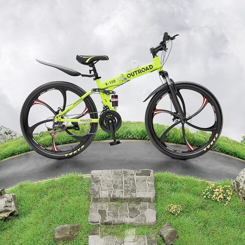 Outroad 26 Inch Folding Mountain Bike, 21 Speed Full Suspension High-Carbon Steel MTB Foldable Bicycle, Dual Disc Brake Non-Slip Folding Bikes for Adults/Men/Women, Black, Orange and Green in Kuwait