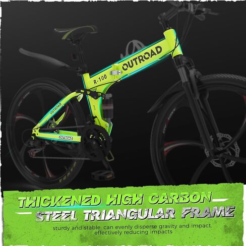 Outroad 26 Inch Folding Mountain Bike, 21 Speed Full Suspension High-Carbon Steel MTB Foldable Bicycle, Dual Disc Brake Non-Slip Folding Bikes for Adults/Men/Women, Black, Orange and Green in Kuwait