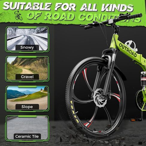 Outroad 26 Inch Folding Mountain Bike, 21 Speed Full Suspension High-Carbon Steel MTB Foldable Bicycle, Dual Disc Brake Non-Slip Folding Bikes for Adults/Men/Women, Black, Orange and Green in Kuwait