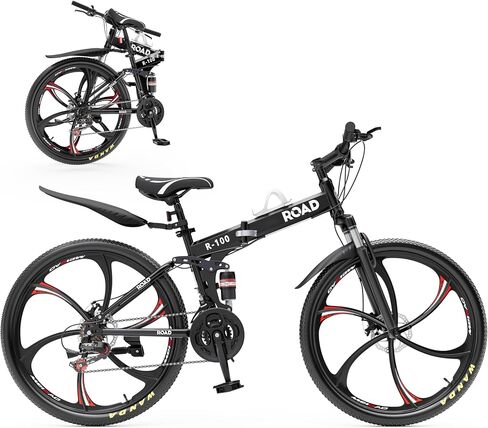 Outroad 26 Inch Folding Mountain Bike, 21 Speed Full Suspension High-Carbon Steel MTB Foldable Bicycle, Dual Disc Brake Non-Slip Folding Bikes for Adults/Men/Women, Black, Orange and Green in Kuwait