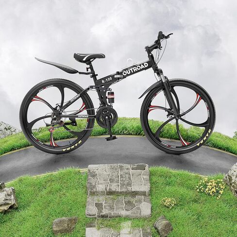 Outroad 26 Inch Folding Mountain Bike, 21 Speed Full Suspension High-Carbon Steel MTB Foldable Bicycle, Dual Disc Brake Non-Slip Folding Bikes for Adults/Men/Women, Black, Orange and Green in Kuwait