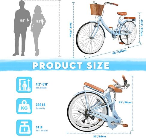 26 Inch Folding Beach Cruiser Bike for Women, 7-Speed Ladies Bike with Basket & Rack, Perfect for City Commuting's Bicycle, Ideal for Women and Adults (26" - Blue, 26") in Kuwait