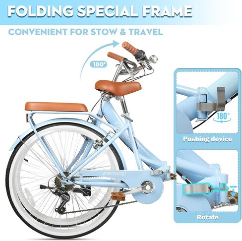 26 Inch Folding Beach Cruiser Bike for Women, 7-Speed Ladies Bike with Basket & Rack, Perfect for City Commuting's Bicycle, Ideal for Women and Adults (26" - Blue, 26") in Kuwait