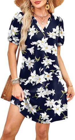 V-Neck Summer Casual Sundress for Women- Puff Short Sleeve Swing Beach Dress with Pockets in Saudi Arabia