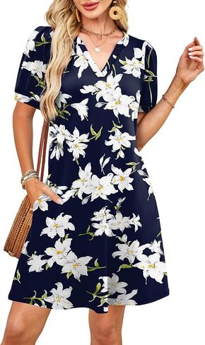 V-Neck Summer Casual Sundress for Women- Puff Short Sleeve Swing Beach Dress with Pockets in Saudi Arabia
