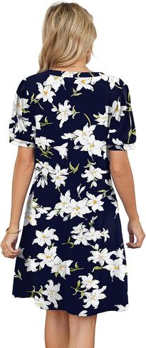 V-Neck Summer Casual Sundress for Women- Puff Short Sleeve Swing Beach Dress with Pockets in Saudi Arabia