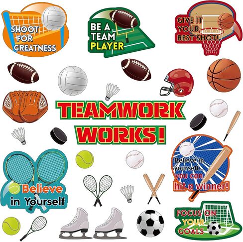 Thenshop 72 Pcs Sports Party Bulletin Board Borders Sports Theme Cutouts Baseball Football Paper Cut Outs Decorations Set with Teamwork Sayings Classroom for Teachers Class School(Construction) in Saudi Arabia