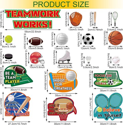 Thenshop 72 Pcs Sports Party Bulletin Board Borders Sports Theme Cutouts Baseball Football Paper Cut Outs Decorations Set with Teamwork Sayings Classroom for Teachers Class School(Construction) in Saudi Arabia