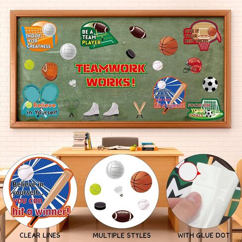 Thenshop 72 Pcs Sports Party Bulletin Board Borders Sports Theme Cutouts Baseball Football Paper Cut Outs Decorations Set with Teamwork Sayings Classroom for Teachers Class School(Construction) in Saudi Arabia
