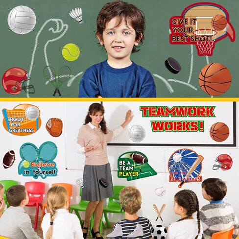 Thenshop 72 Pcs Sports Party Bulletin Board Borders Sports Theme Cutouts Baseball Football Paper Cut Outs Decorations Set with Teamwork Sayings Classroom for Teachers Class School(Construction) in Saudi Arabia