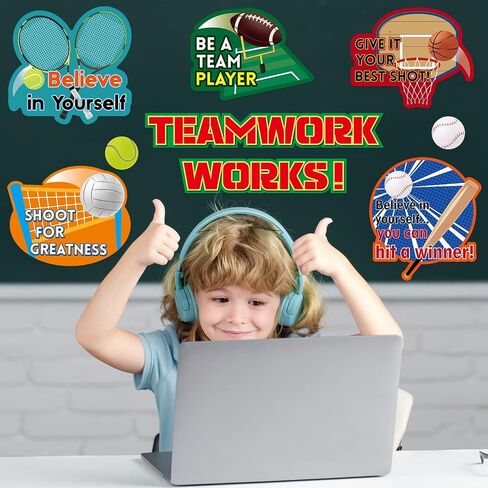 Thenshop 72 Pcs Sports Party Bulletin Board Borders Sports Theme Cutouts Baseball Football Paper Cut Outs Decorations Set with Teamwork Sayings Classroom for Teachers Class School(Construction) in Saudi Arabia