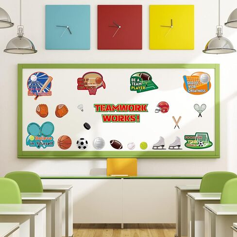 Thenshop 72 Pcs Sports Party Bulletin Board Borders Sports Theme Cutouts Baseball Football Paper Cut Outs Decorations Set with Teamwork Sayings Classroom for Teachers Class School(Construction) in Saudi Arabia
